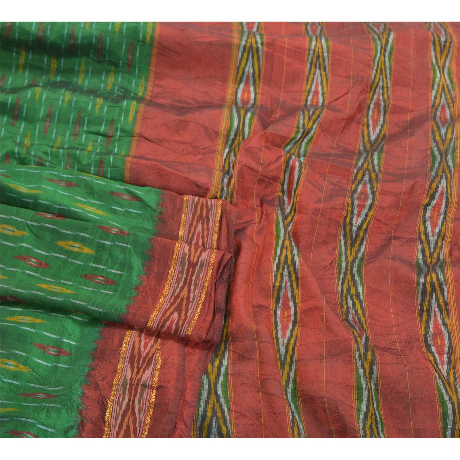 Sanskriti Vintage Sari 100% Pure Silk Pochampally Green Handwoven Ikat Sarees 5yd Craft Fabric