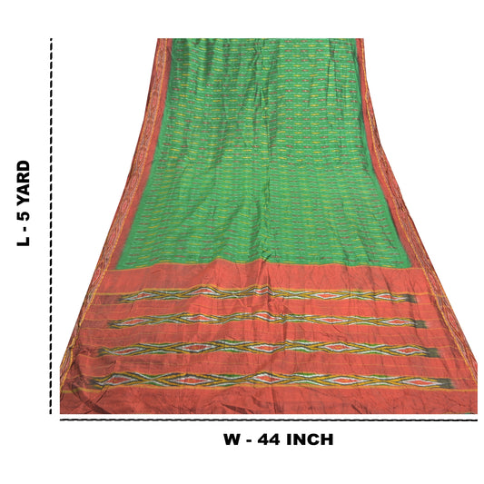Sanskriti Vintage Pochampally Green Handwoven Pure Silk Ikat Sarees Sari Sustainable Fabric