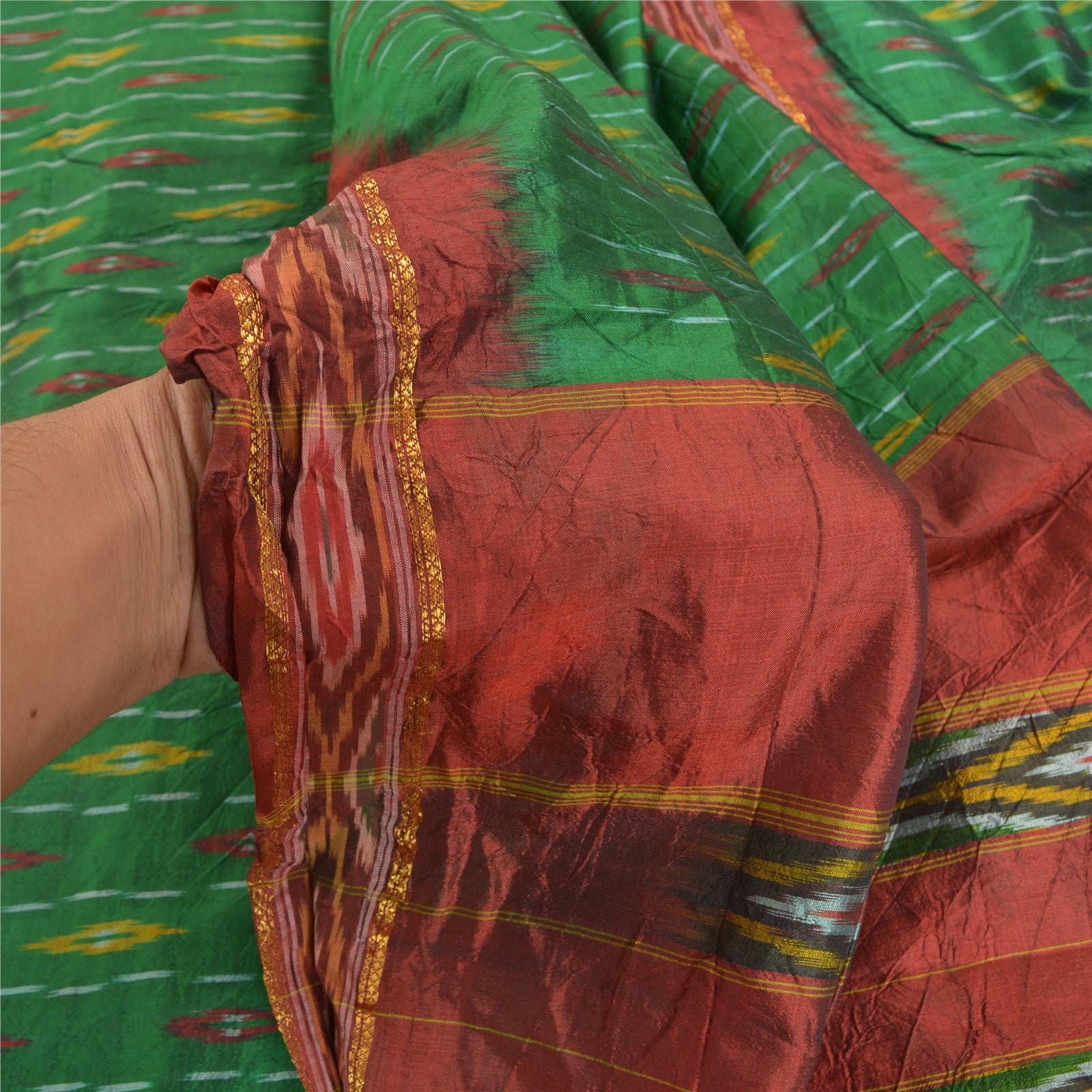 Sanskriti Vintage Sari 100% Pure Silk Pochampally Green Handwoven Ikat Sarees 5yd Craft Fabric