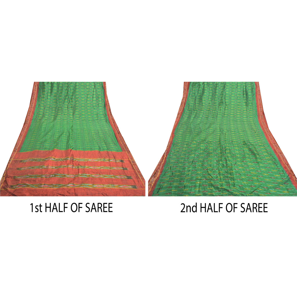 Sanskriti Vintage Sari 100% Pure Silk Pochampally Green Handwoven Ikat Sarees 5yd Craft Fabric