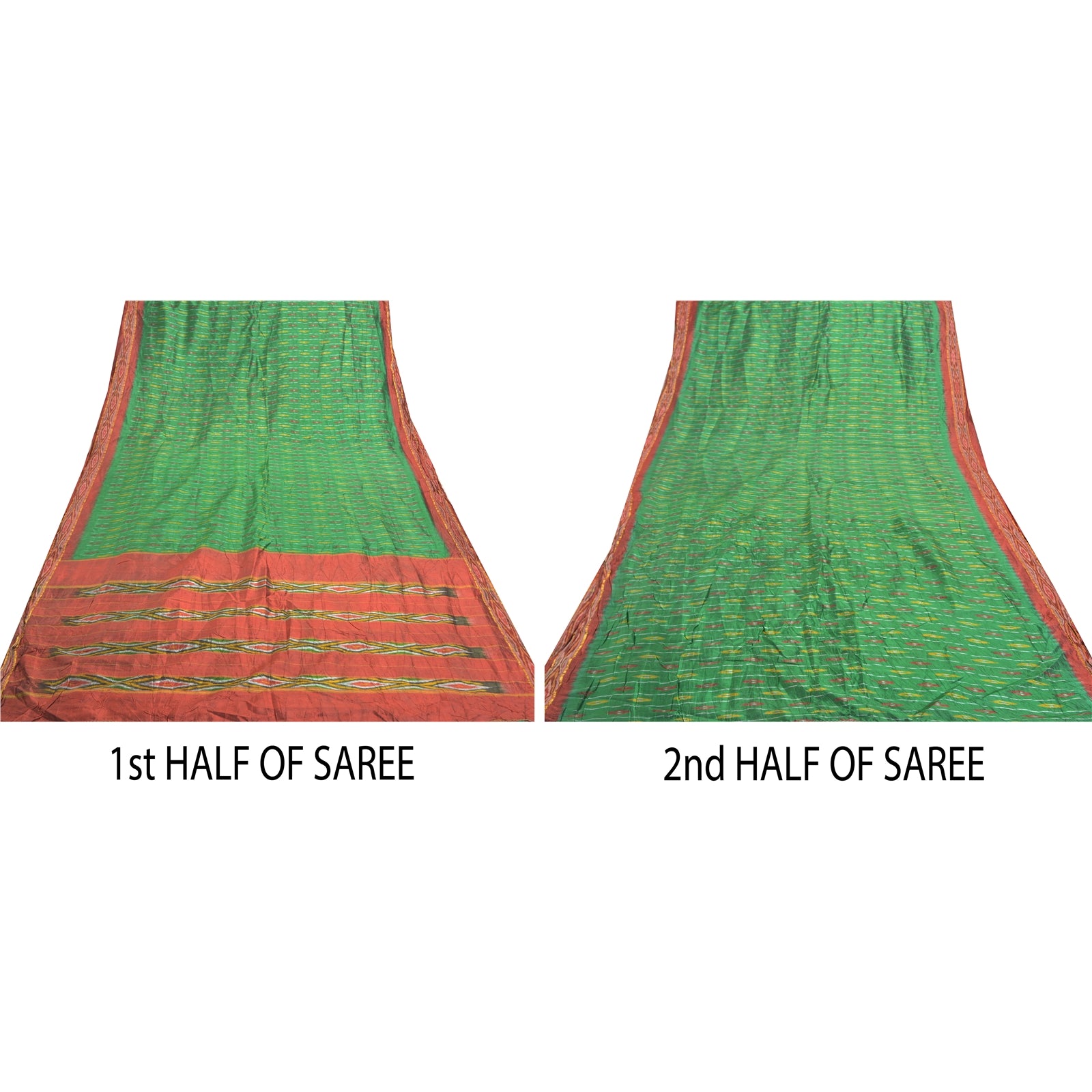 Sanskriti Vintage Sari 100% Pure Silk Pochampally Green Handwoven Ikat Sarees 5yd Craft Fabric