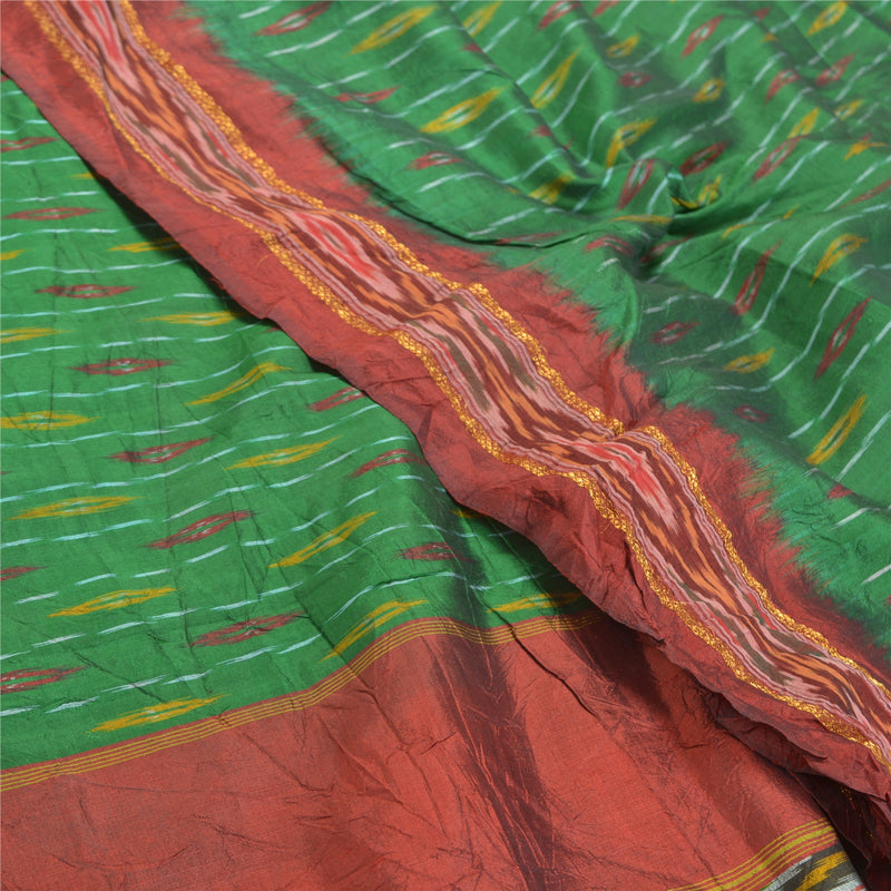 Sanskriti Vintage Sari 100% Pure Silk Pochampally Green Handwoven Ikat Sarees 5yd Craft Fabric upholstery fabric