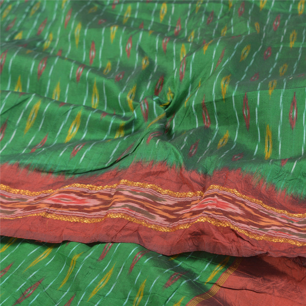 Sanskriti Vintage Sari 100% Pure Silk Pochampally Green Handwoven Ikat Sarees 5yd Craft Fabric