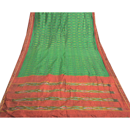 Sanskriti Vintage Pochampally Green Handwoven Pure Silk Ikat Sarees Sari Sustainable Fabric