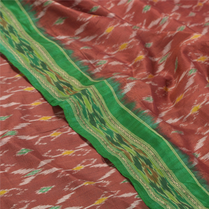 Sanskriti Vintage Handwoven Ikat Silk Sari Fabric: Red & Green Pochampally upholstery fabric