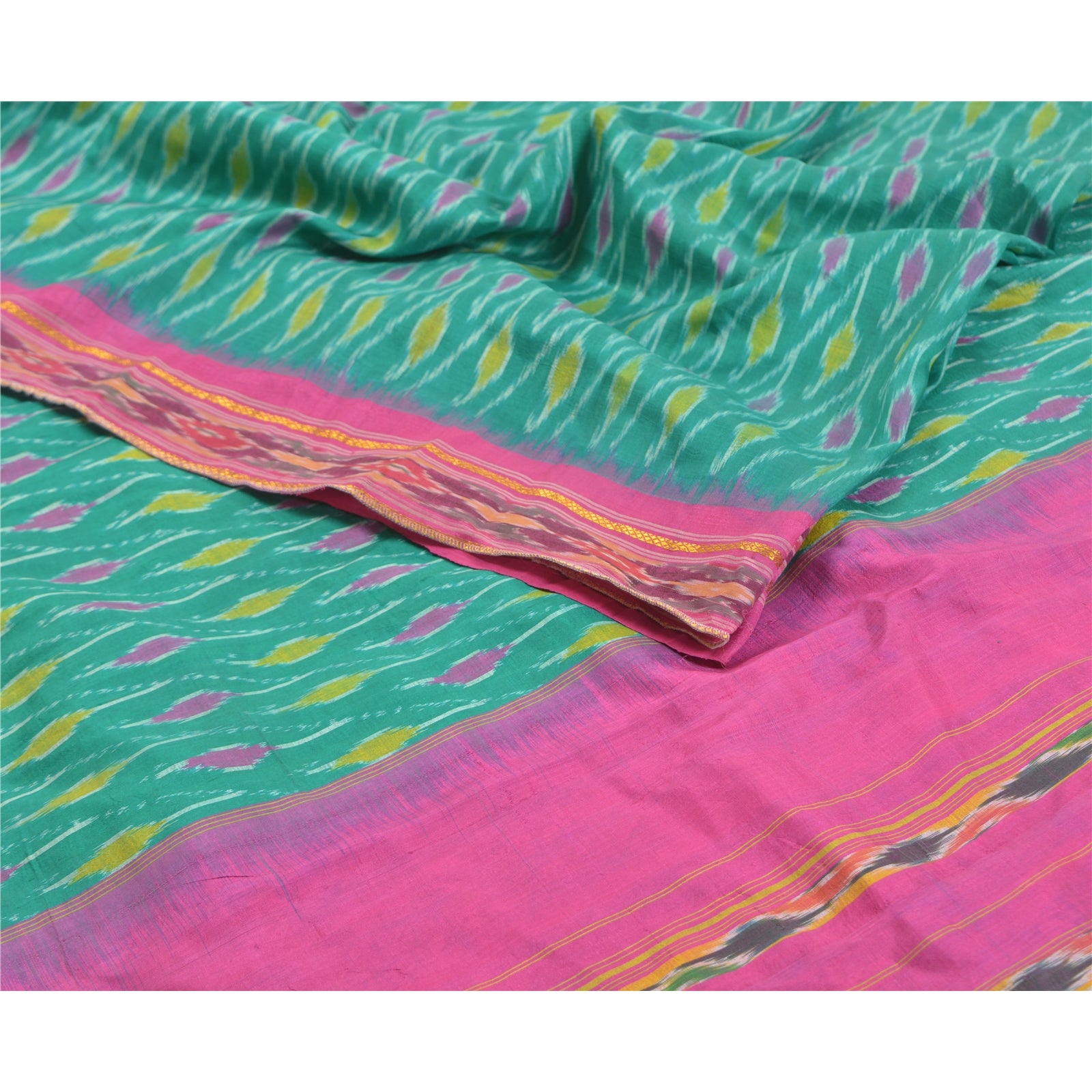 Sanskriti Vintage Silk Sari: Green & Pink Hand Woven Ikat Fabric (5yd)