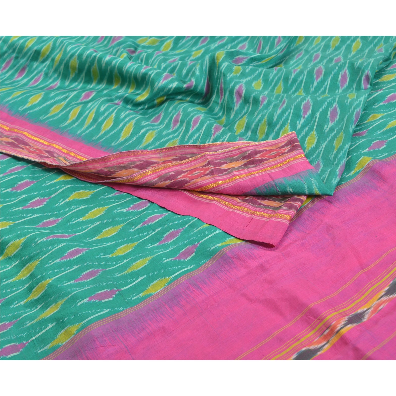 Sanskriti Vintage Silk Sari: Green & Pink Hand Woven Ikat Fabric (5yd)