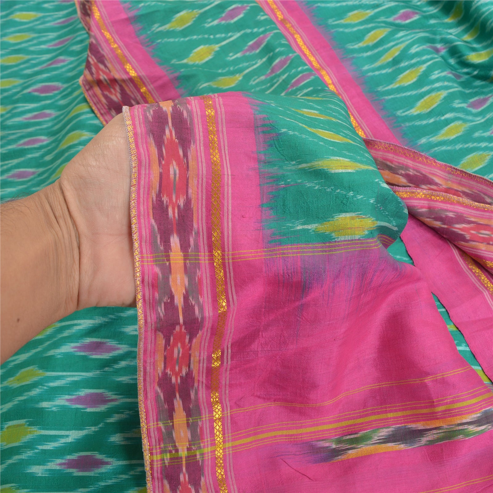 Sanskriti Vintage Silk Sari: Green & Pink Hand Woven Ikat Fabric (5yd)