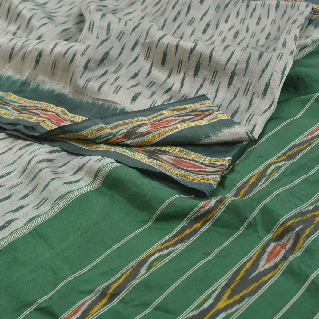 Sanskriti Vintage Pochampally Green Sarees Hand Woven Ikat Pure Silk Sari Fabric