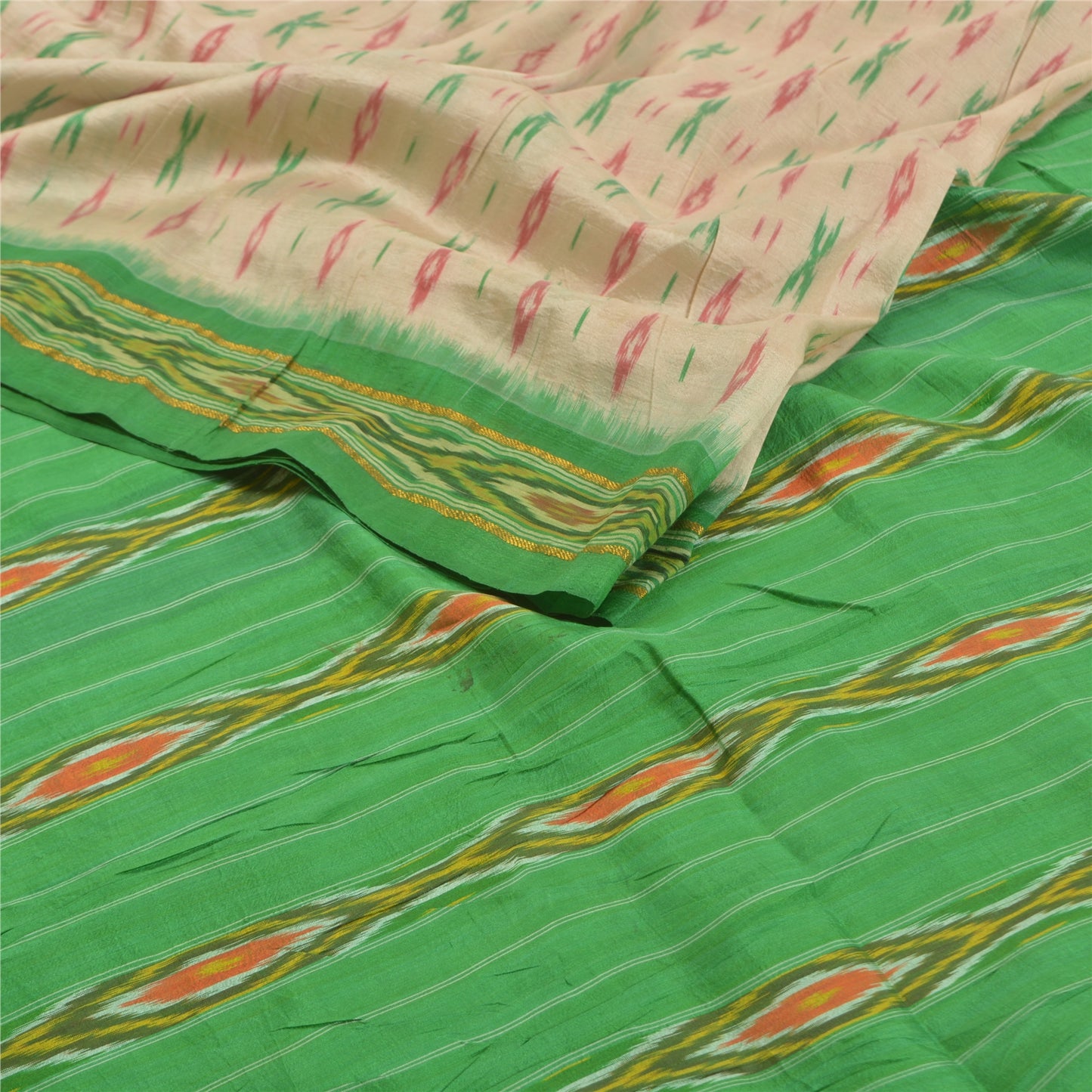Sanskriti Vintage Pure Silk Pochampally Ivory Sarees HandWoven Ikat Sari Sustainable Fabric