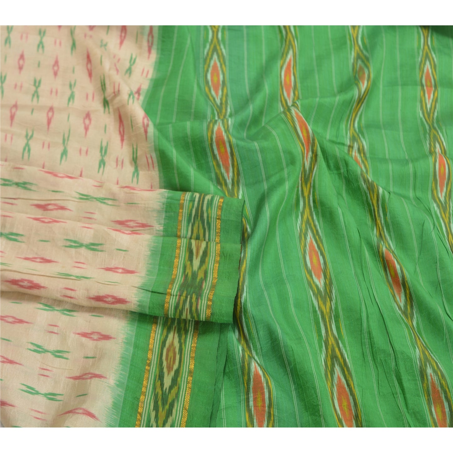 Sanskriti Vintage Pure Silk Pochampally Ivory Sarees HandWoven Ikat Sari Sustainable Fabric