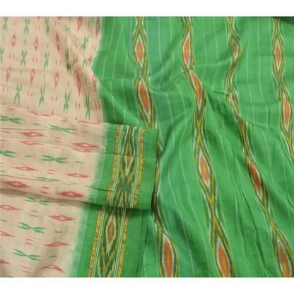 Sanskriti Vintage Pure Silk Pochampally Ivory Sarees HandWoven Ikat Sari Sustainable Fabric