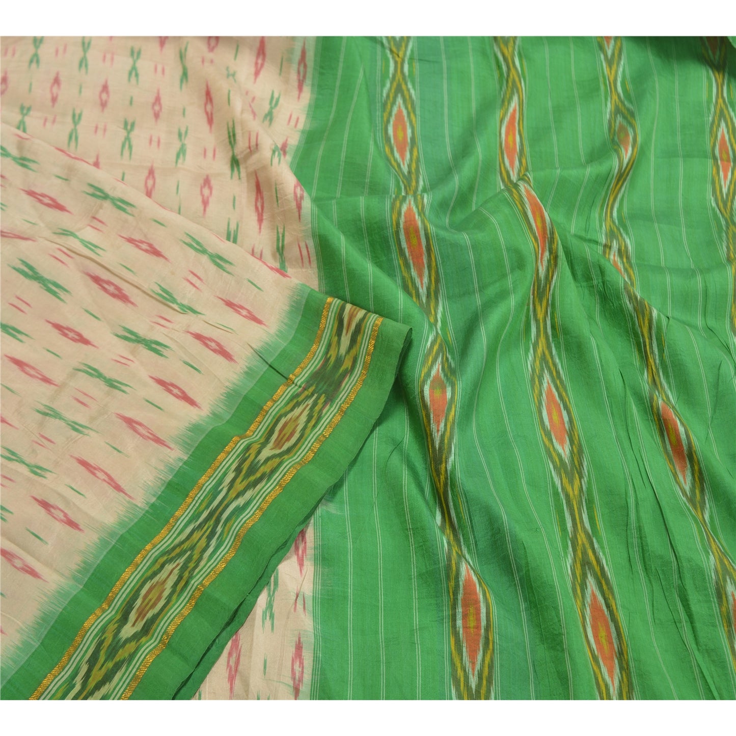 Sanskriti Vintage Pure Silk Pochampally Ivory Sarees HandWoven Ikat Sari Sustainable Fabric