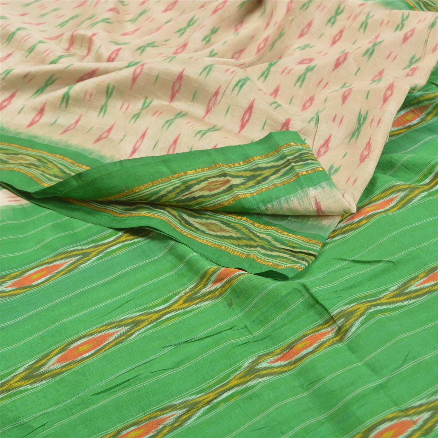 Sanskriti Vintage Pure Silk Pochampally Ivory Sarees HandWoven Ikat Sari Sustainable Fabric