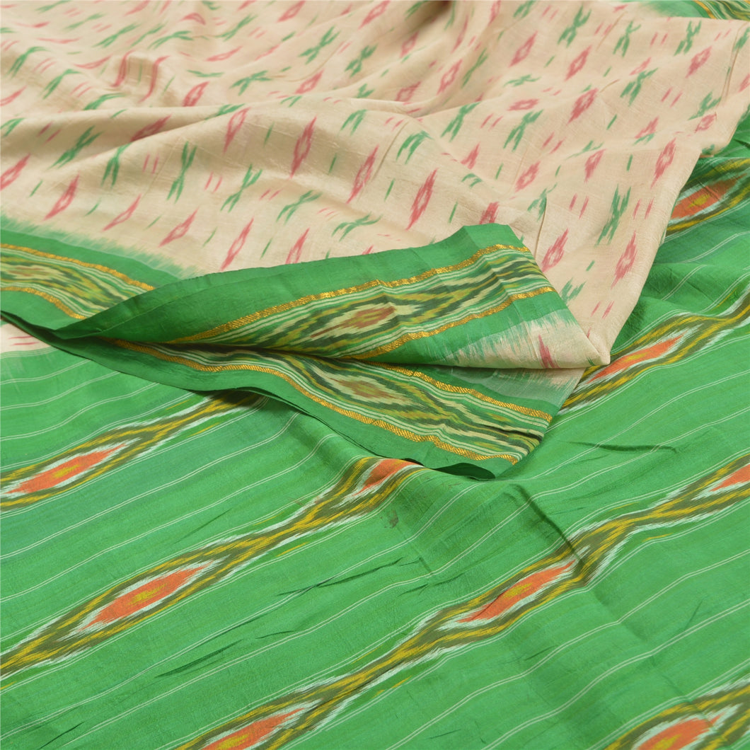Sanskriti Vintage Pure Silk Pochampally Ivory Sarees HandWoven Ikat Sari Fabric
