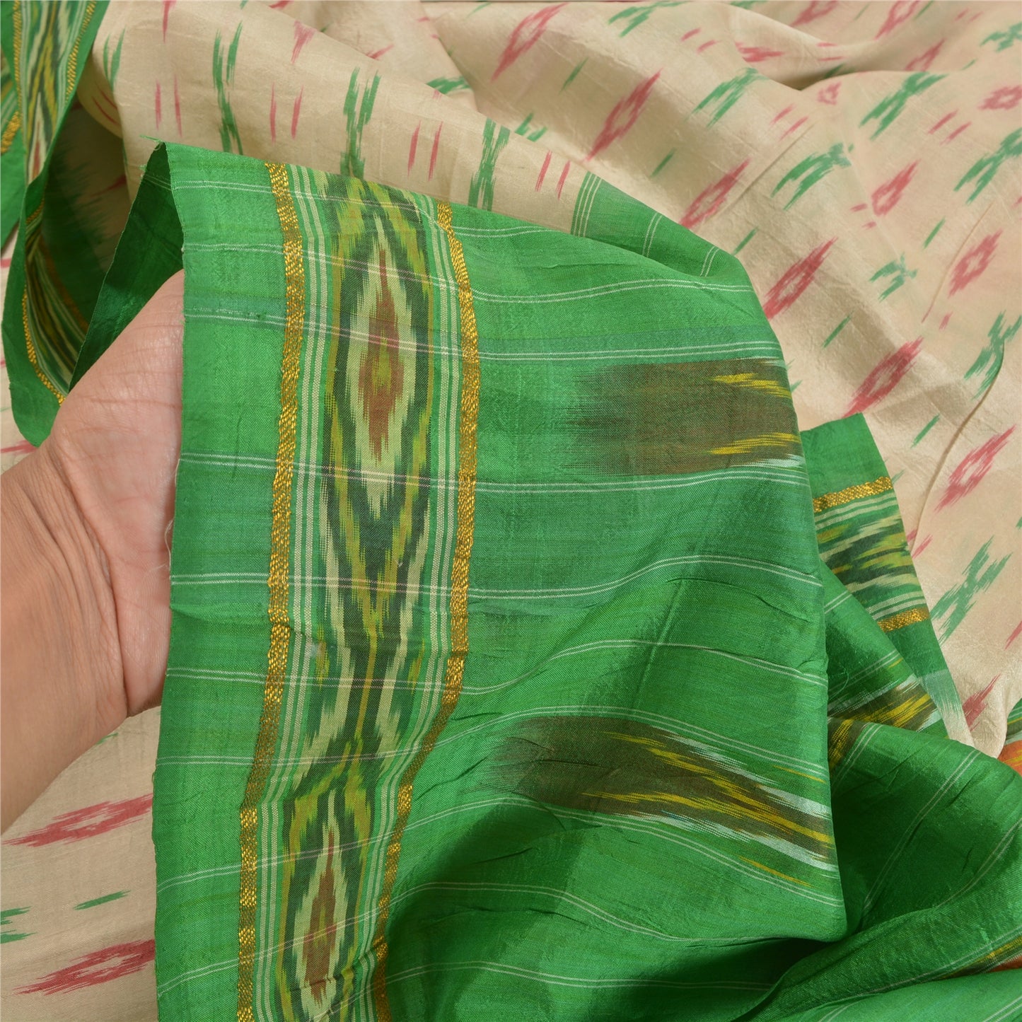 Sanskriti Vintage Pure Silk Pochampally Ivory Sarees HandWoven Ikat Sari Sustainable Fabric