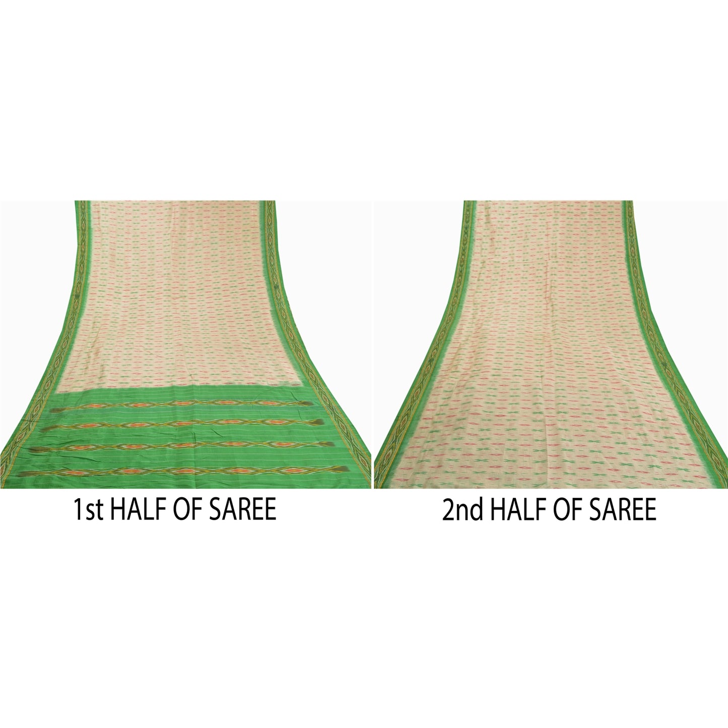 Sanskriti Vintage Pure Silk Pochampally Ivory Sarees HandWoven Ikat Sari Sustainable Fabric