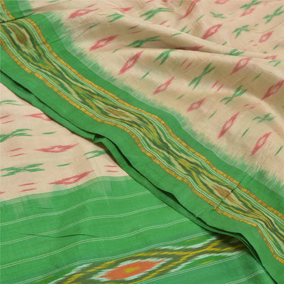 Sanskriti Vintage Pure Silk Pochampally Ivory Sarees HandWoven Ikat Sari Sustainable Fabric