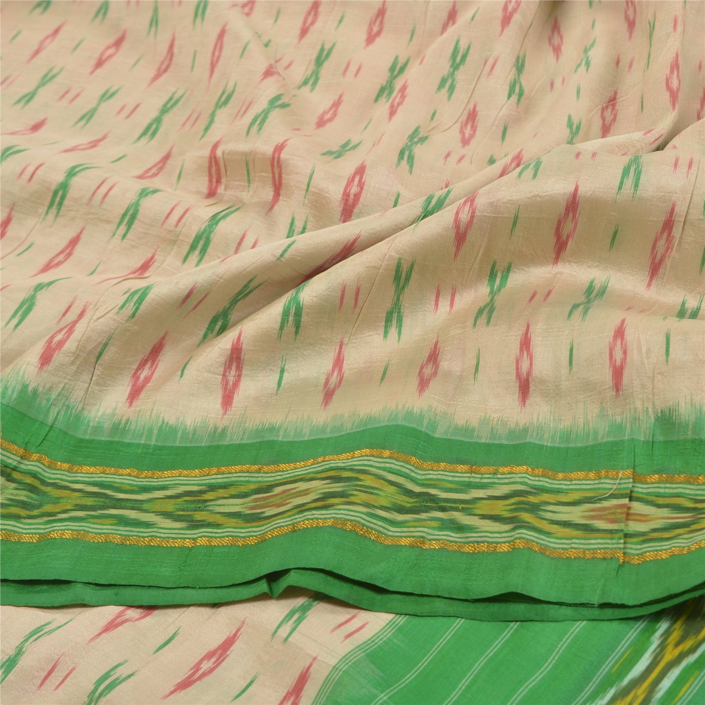 Sanskriti Vintage Pure Silk Pochampally Ivory Sarees HandWoven Ikat Sari Sustainable Fabric