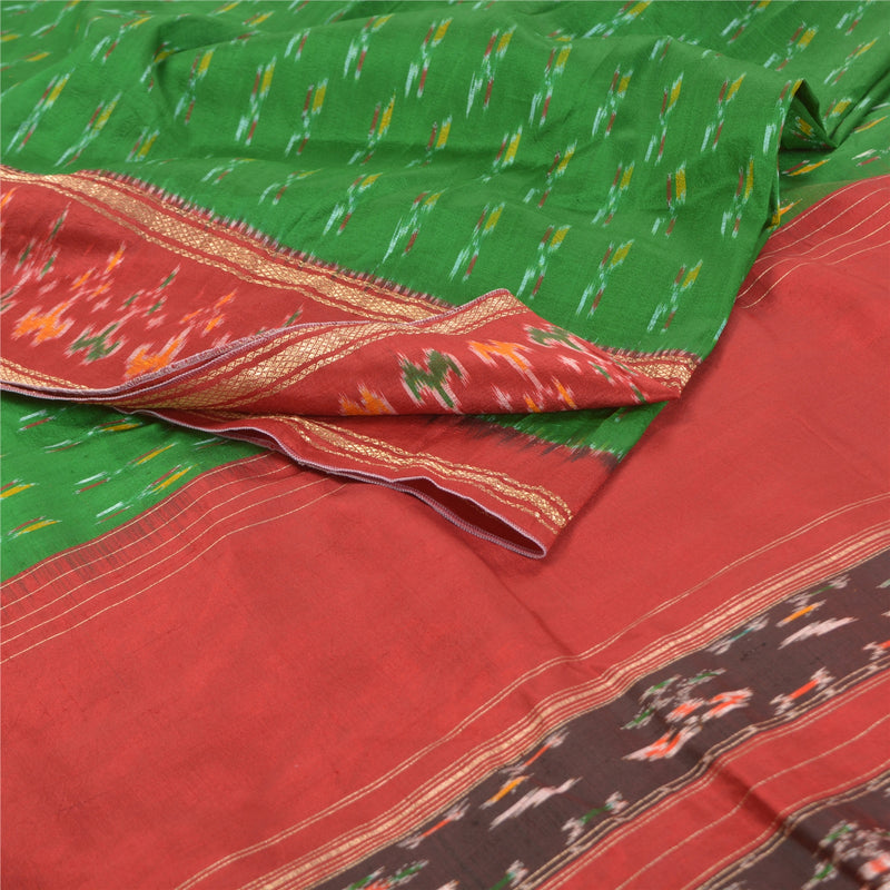 Sanskriti Vintage Pochampally Silk Sari: Handwoven Ikat Green & Red Craft Fabric upholstery fabric