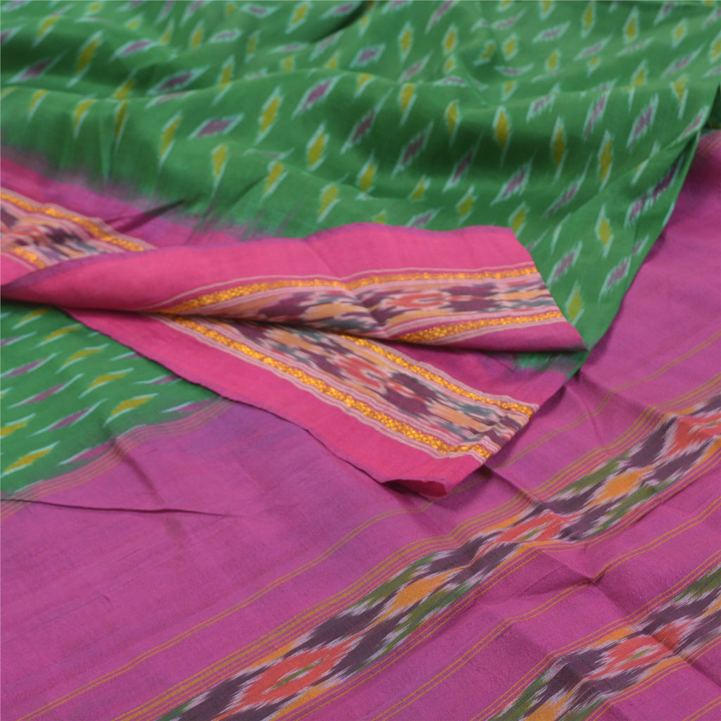 Sanskriti Vintage Pochampally Sarees Green Hand Woven Ikat Pure Silk Sari Sustainable Fabric
