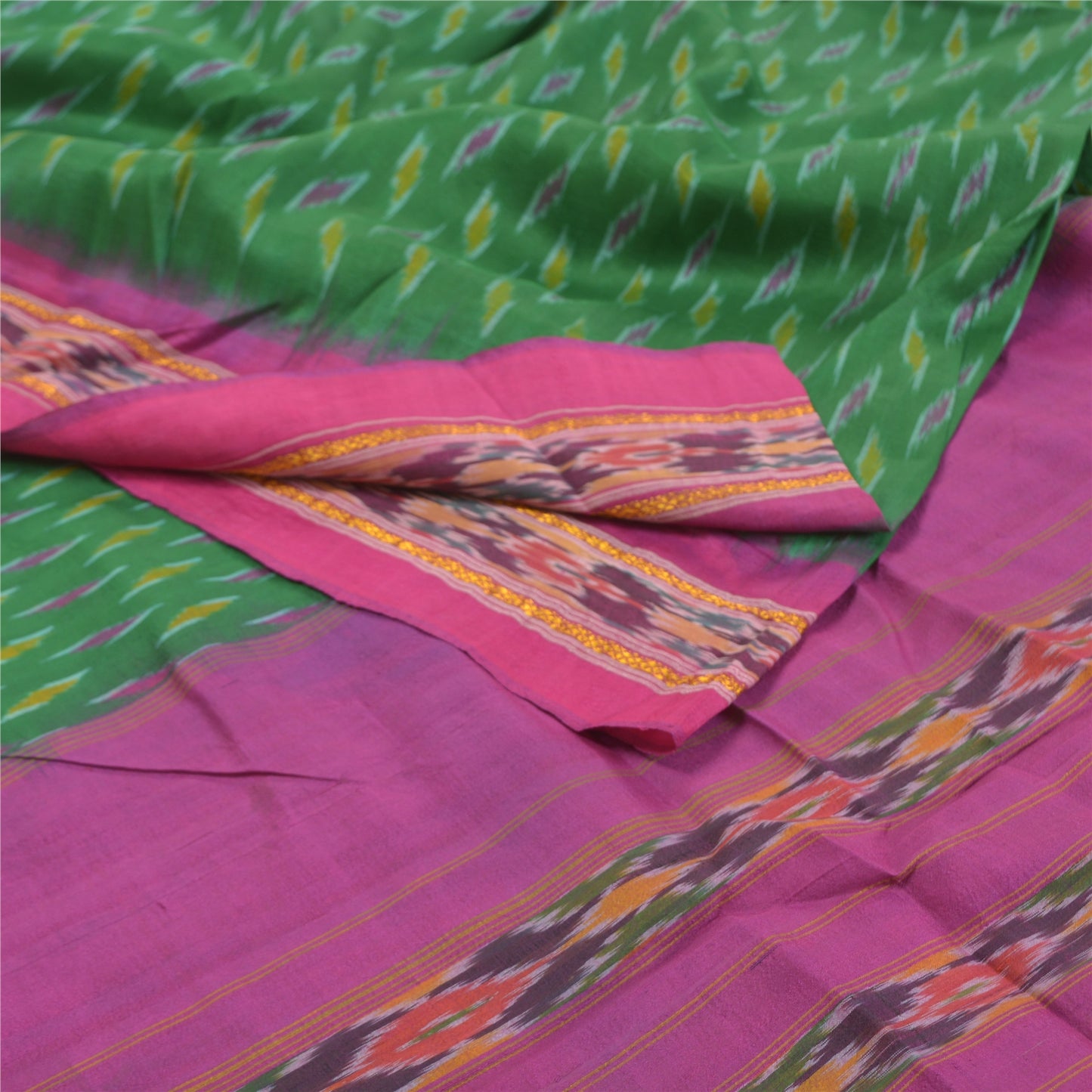 Sanskriti Vintage Pochampally Sarees Green Hand Woven Ikat Pure Silk Sari Sustainable Fabric