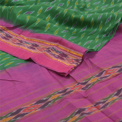 Sanskriti Vintage Pochampally Sarees Green Hand Woven Ikat Pure Silk Sari Sustainable Fabric