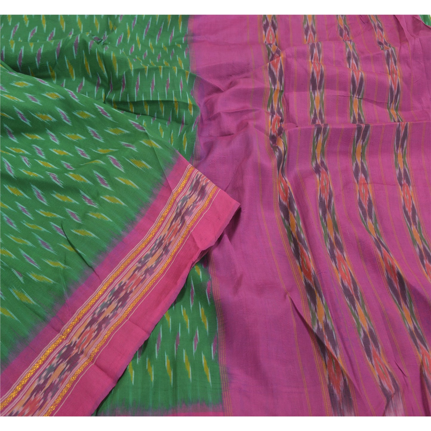 Sanskriti Vintage Pochampally Sarees Green Hand Woven Ikat Pure Silk Sari Sustainable Fabric
