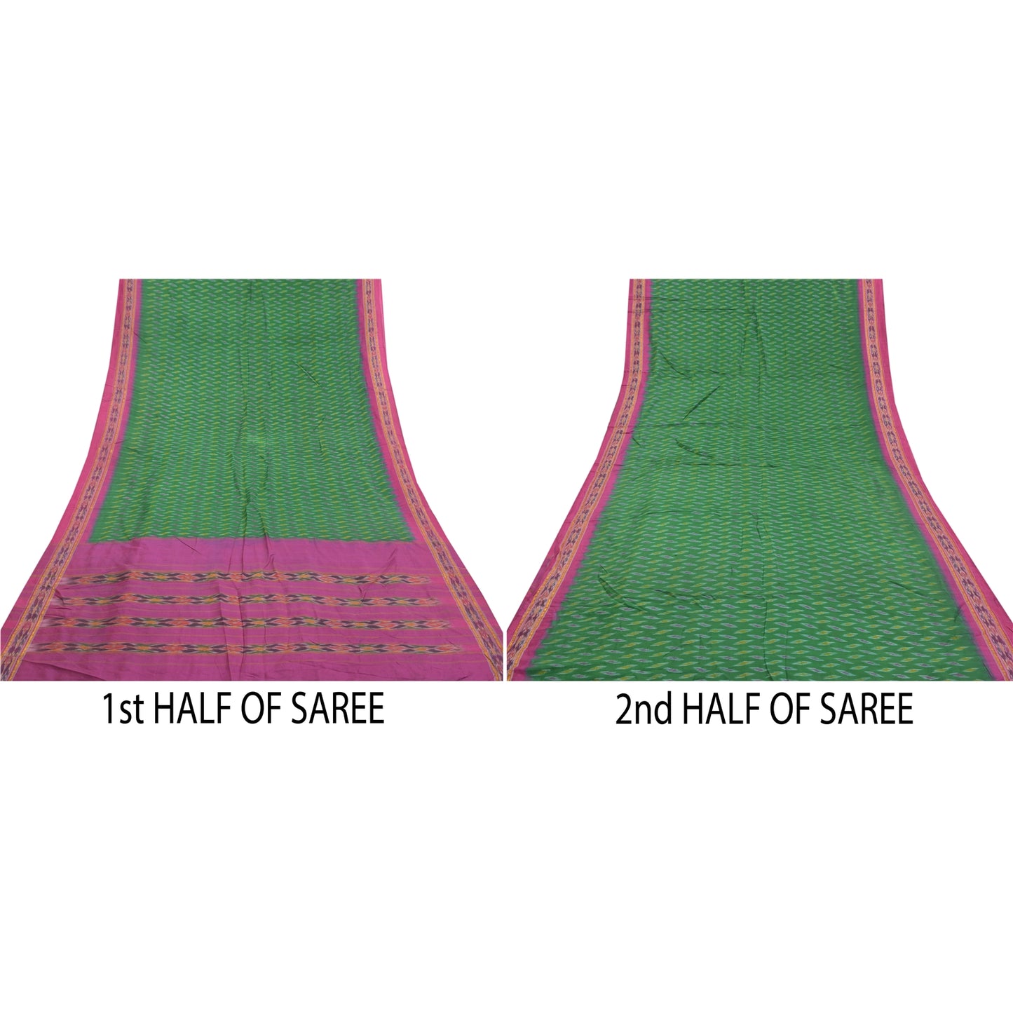 Sanskriti Vintage Pochampally Sarees Green Hand Woven Ikat Pure Silk Sari Sustainable Fabric