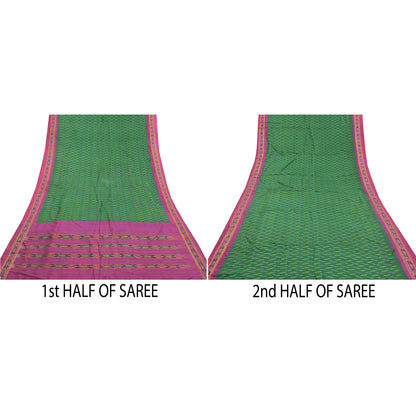 Sanskriti Vintage Pochampally Sarees Green Hand Woven Ikat Pure Silk Sari Sustainable Fabric