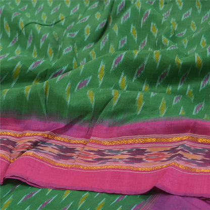 Sanskriti Vintage Pochampally Sarees Green Hand Woven Ikat Pure Silk Sari Sustainable Fabric