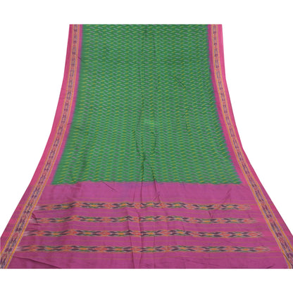 Sanskriti Vintage Pochampally Sarees Green Hand Woven Ikat Pure Silk Sari Sustainable Fabric