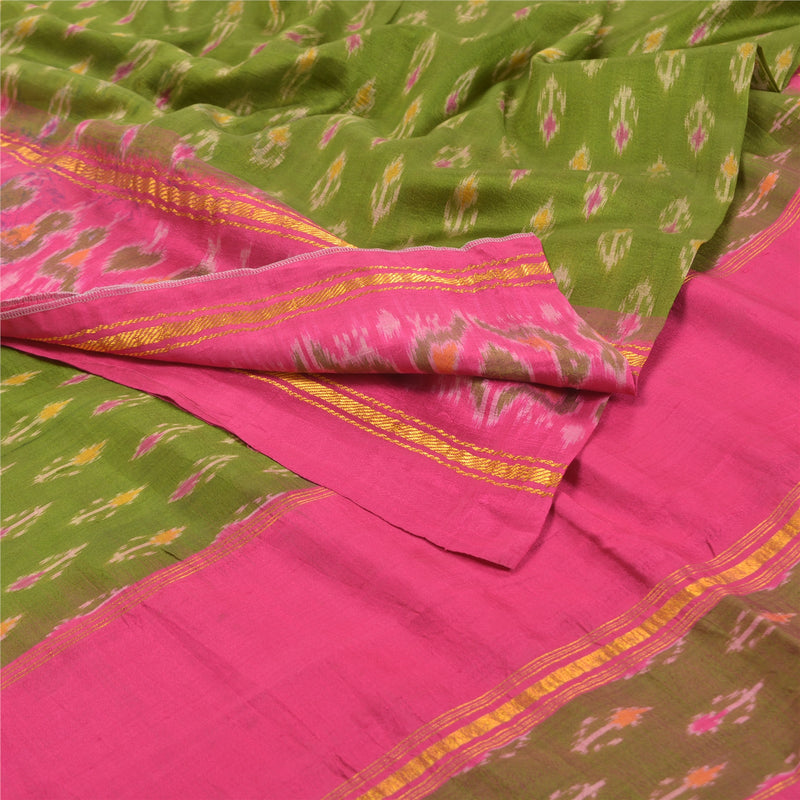 Sanskriti Vintage Pochampally Silk Sari Fabric: Green Handwoven Ikat, 5yd Craft upholstery fabric