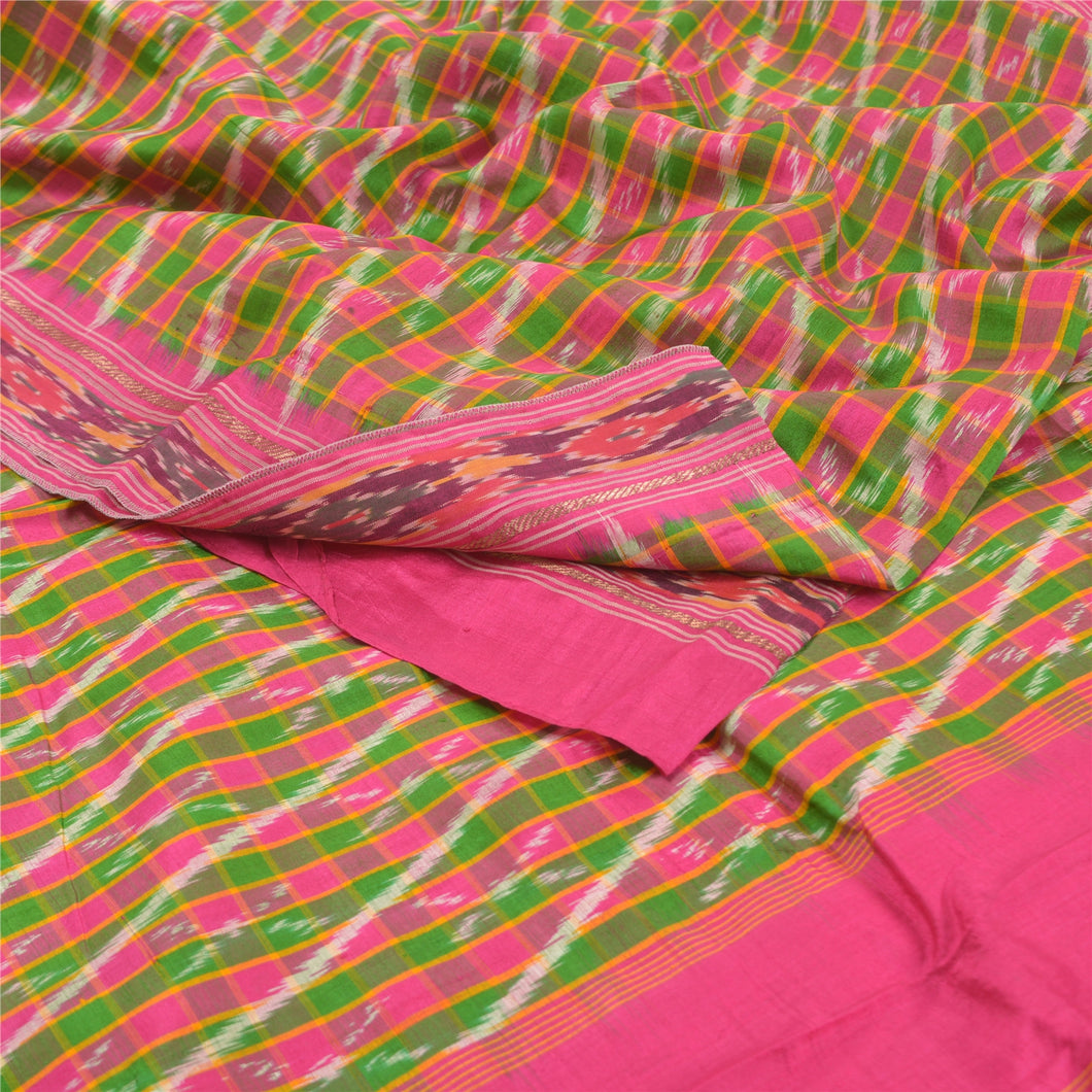 Sanskriti Vintage Pochampally Sarees Pink Hand Woven Ikat Pure Silk Sari Fabric