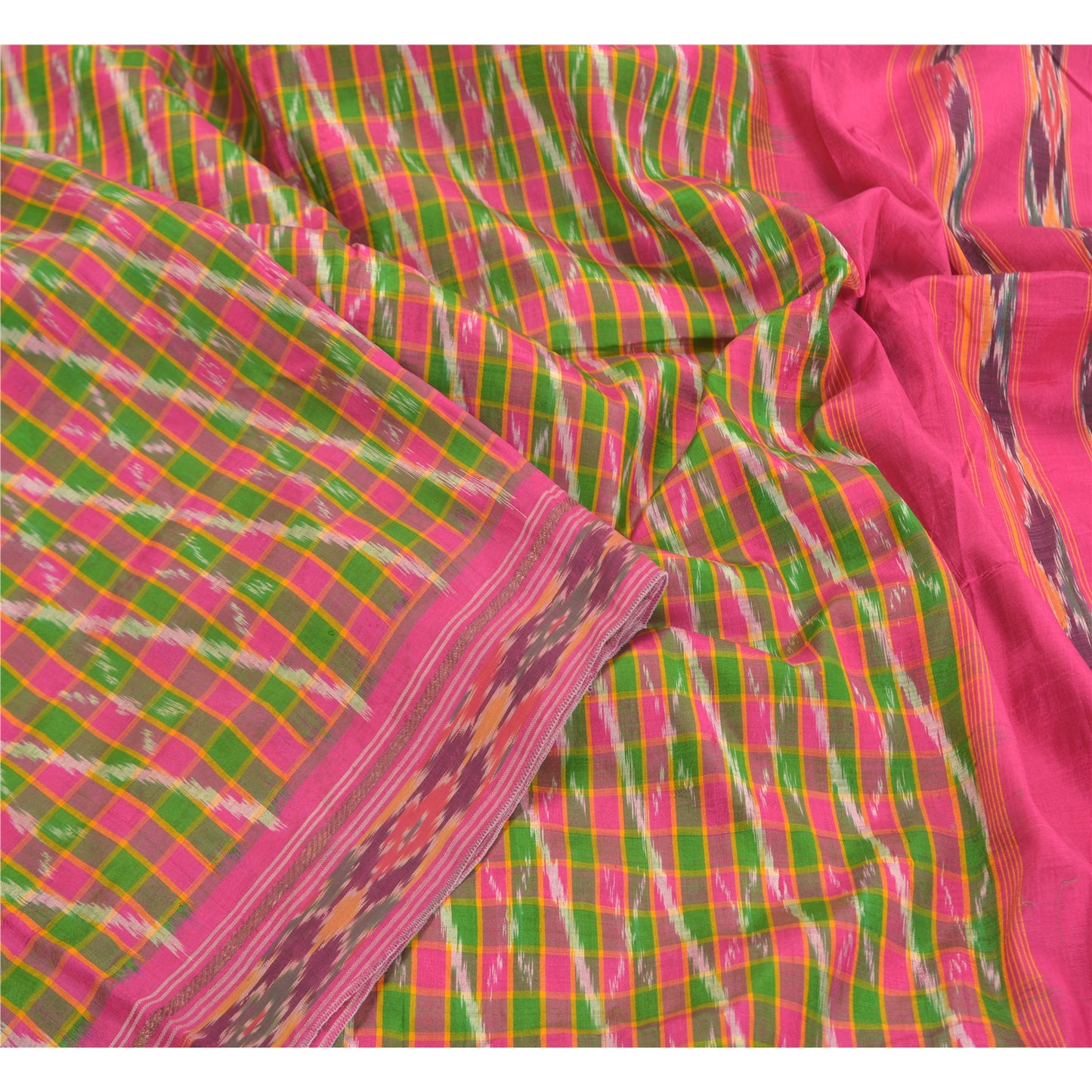 Sanskriti Vintage Pochampally Sarees Pink Hand Woven Ikat Pure Silk Sari Sustainable Fabric