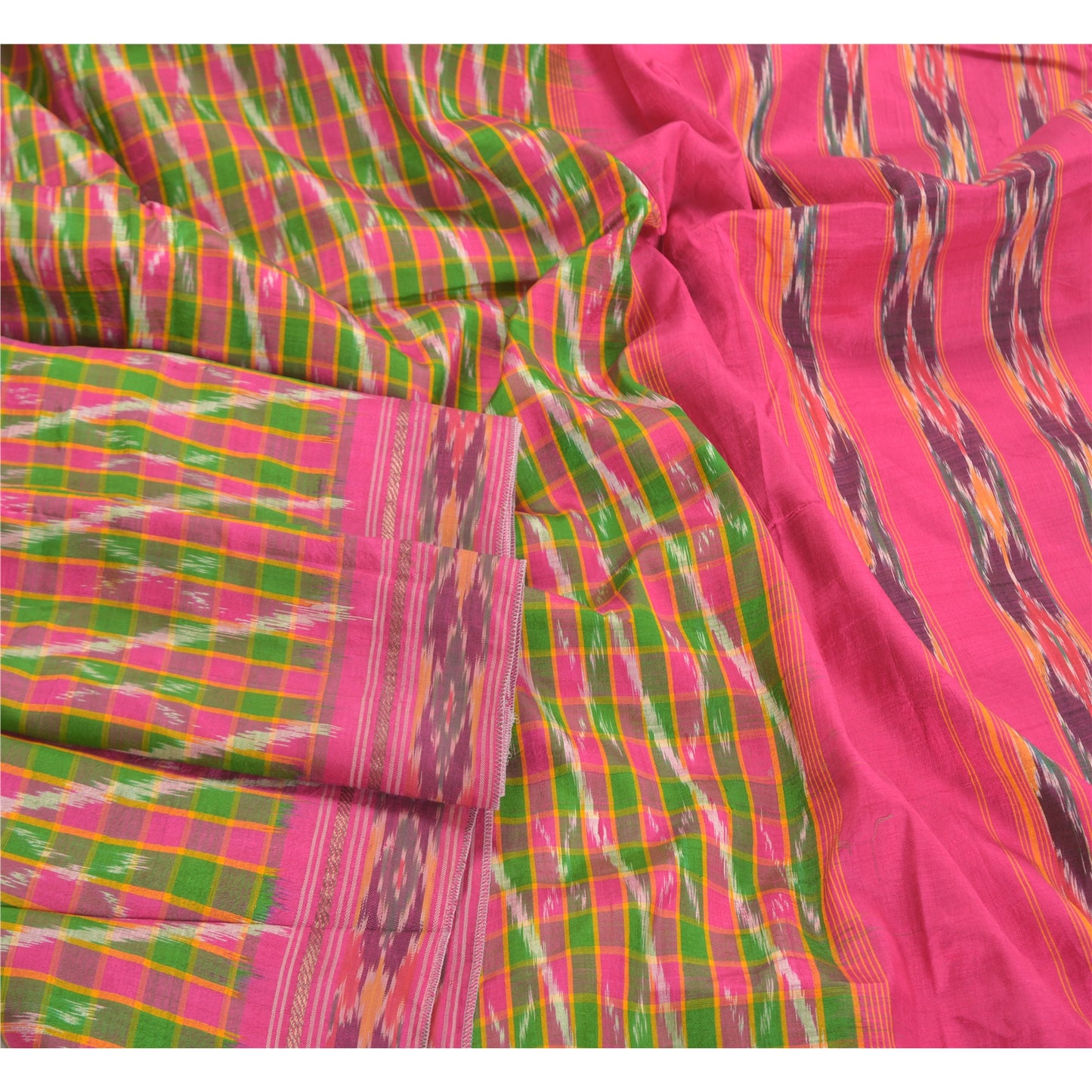 Sanskriti Vintage Pochampally Sarees Pink Hand Woven Ikat Pure Silk Sari Sustainable Fabric