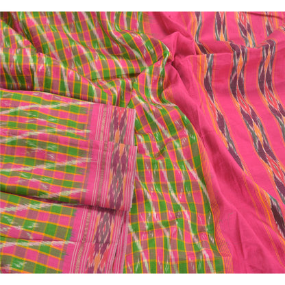 Sanskriti Vintage Pochampally Sarees Pink Hand Woven Ikat Pure Silk Sari Sustainable Fabric