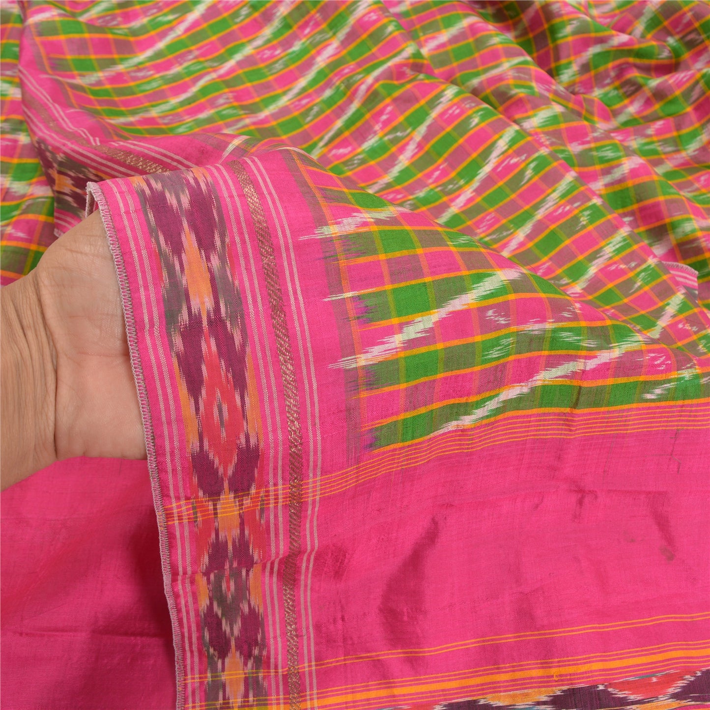 Sanskriti Vintage Pochampally Sarees Pink Hand Woven Ikat Pure Silk Sari Sustainable Fabric