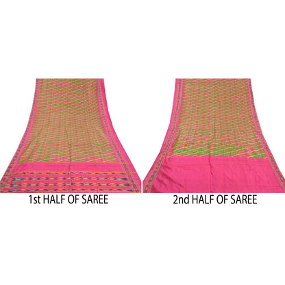 Sanskriti Vintage Pochampally Sarees Pink Hand Woven Ikat Pure Silk Sari Sustainable Fabric