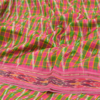 Sanskriti Vintage Pochampally Sarees Pink Hand Woven Ikat Pure Silk Sari Sustainable Fabric
