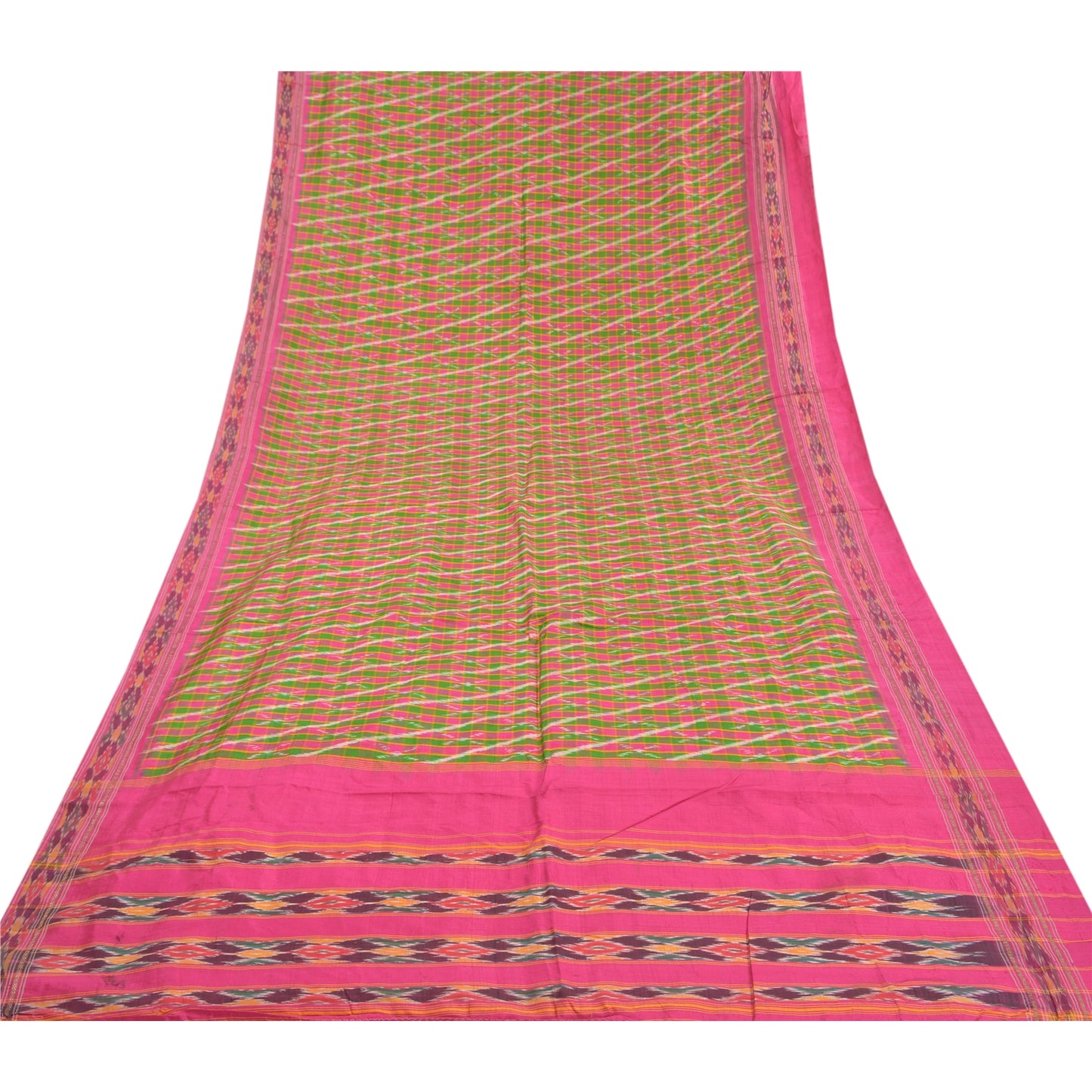 Sanskriti Vintage Pochampally Sarees Pink Hand Woven Ikat Pure Silk Sari Sustainable Fabric