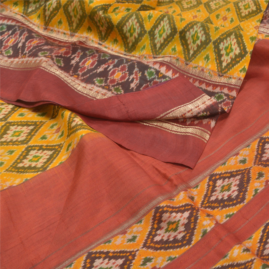 Sanskriti Vintage Sambhalpuri Sarees Yellow HandWoven Ikat Pure Silk Sari Fabric