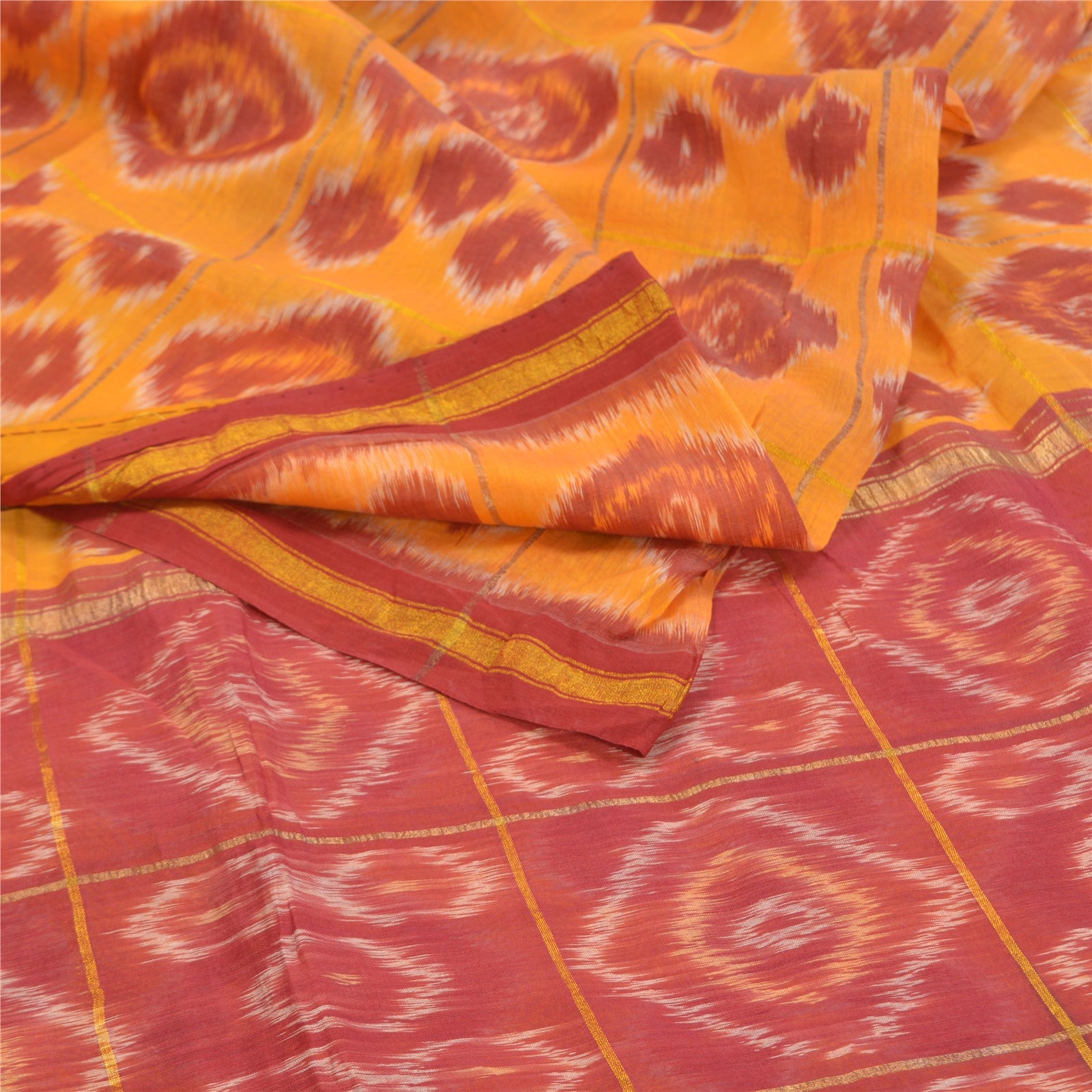 Sanskriti Vintage Saree 100% Pure Silk Sambhalpuri Yellow & Red Zari Saree Hand Woven Ikat Sari 5+Yard Craft Fabric Geometric Design