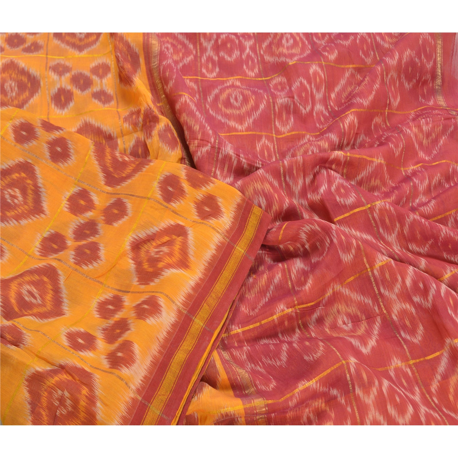 Sanskriti Vintage Saree 100% Pure Silk Sambhalpuri Yellow & Red Zari Saree Hand Woven Ikat Sari 5+Yard Craft Fabric Geometric Design