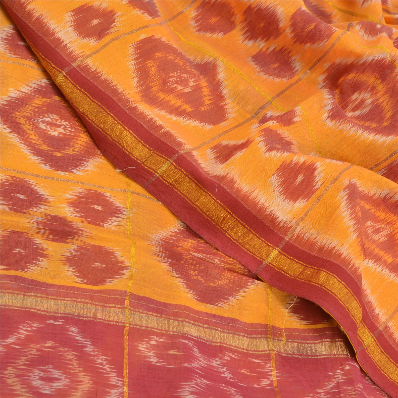 Sanskriti Vintage Saree 100% Pure Silk Sambhalpuri Yellow & Red Zari Saree Hand Woven Ikat Sari 5+Yard Craft Fabric Geometric Design