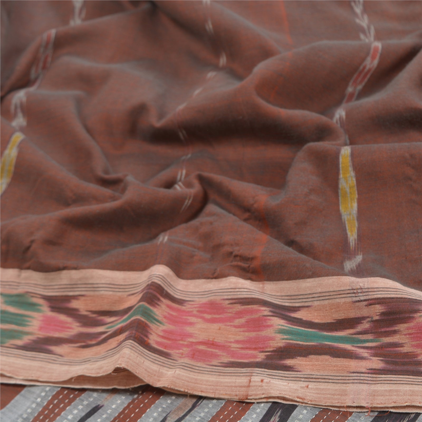 Sanskriti Vintage Saree Brown Odisha Handloom Sambhalpuri Saree Hand Ikat Woven Ikat Blend Cotton Sari 5+Yard Craft Supplies Fabric