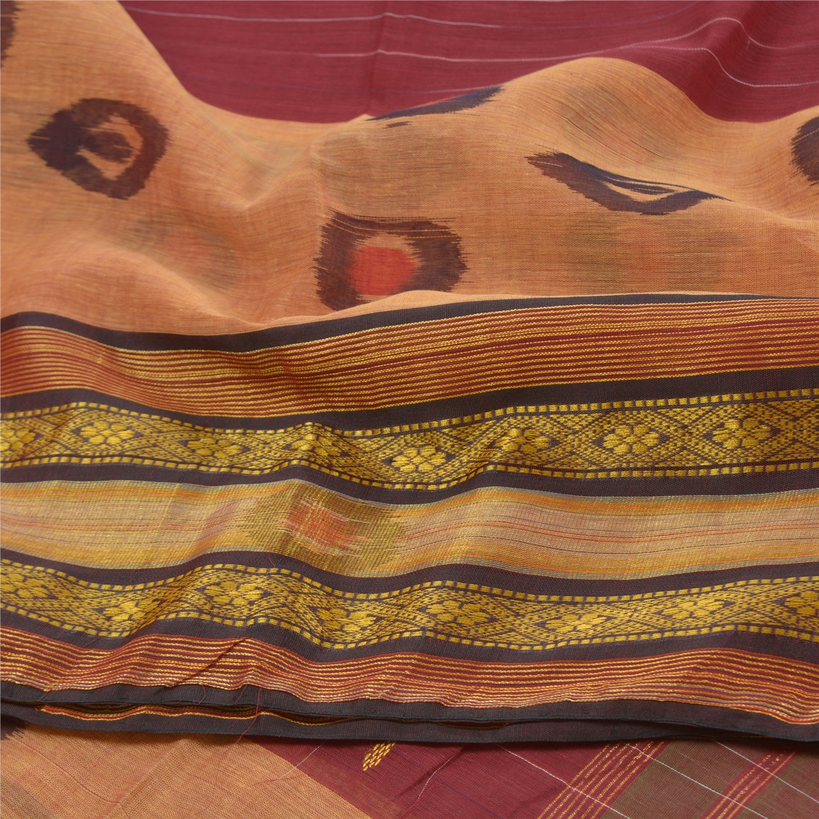 Sanskriti Vintage Saree Red & Brown Hand Ikat Woven Saree 100% Pure Cotton Sari 5Yd Fabric Indian Heritage Textile Craft Supplies