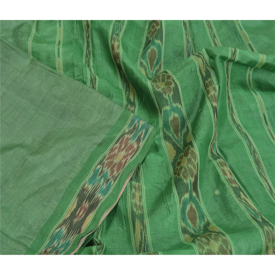 Sanskriti Vintage Green Pochampally Hand Woven Ikat Sarees Pure Silk Sari Fabric