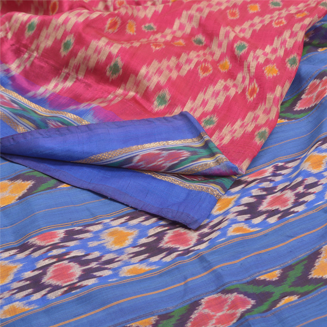 Sanskriti Vintage Pink Hand Woven Ikat Sambhalpuri Sarees Pure Silk Sari Fabric