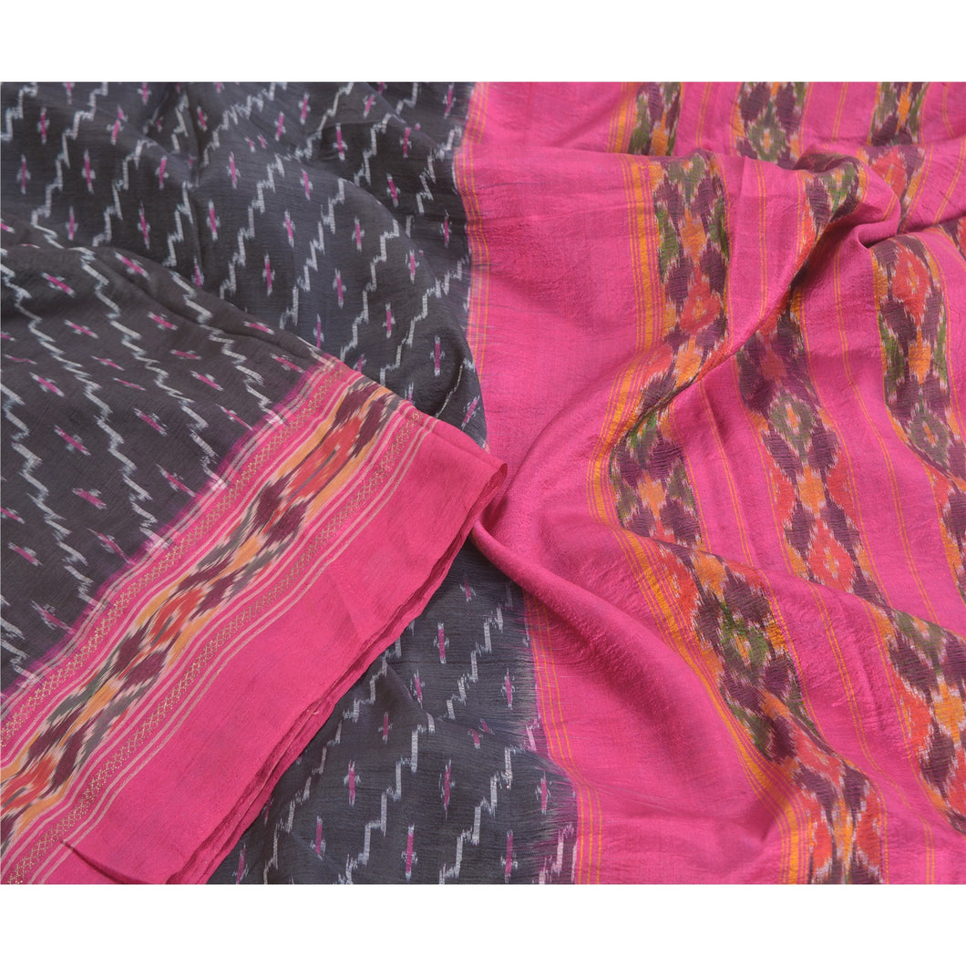 Sanskriti Vintage Black Pochampally Hand Woven Ikat Sarees Pure Silk Sari Fabric